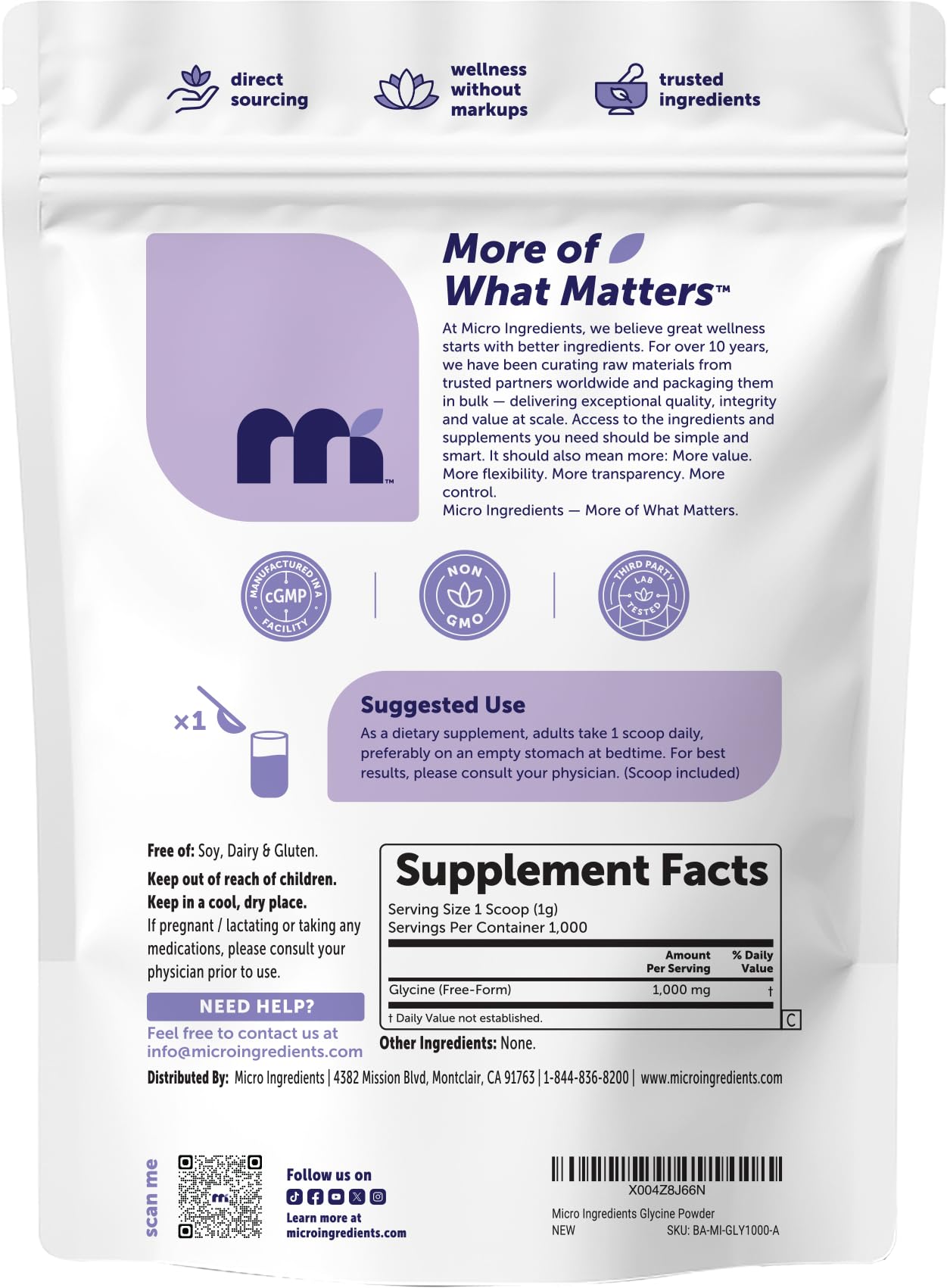 Micro Ingredients Glycine Powder, 1KG (2.2 Pounds), Glycine 1000mg Per Serving, Water Soluble and Product of USA
