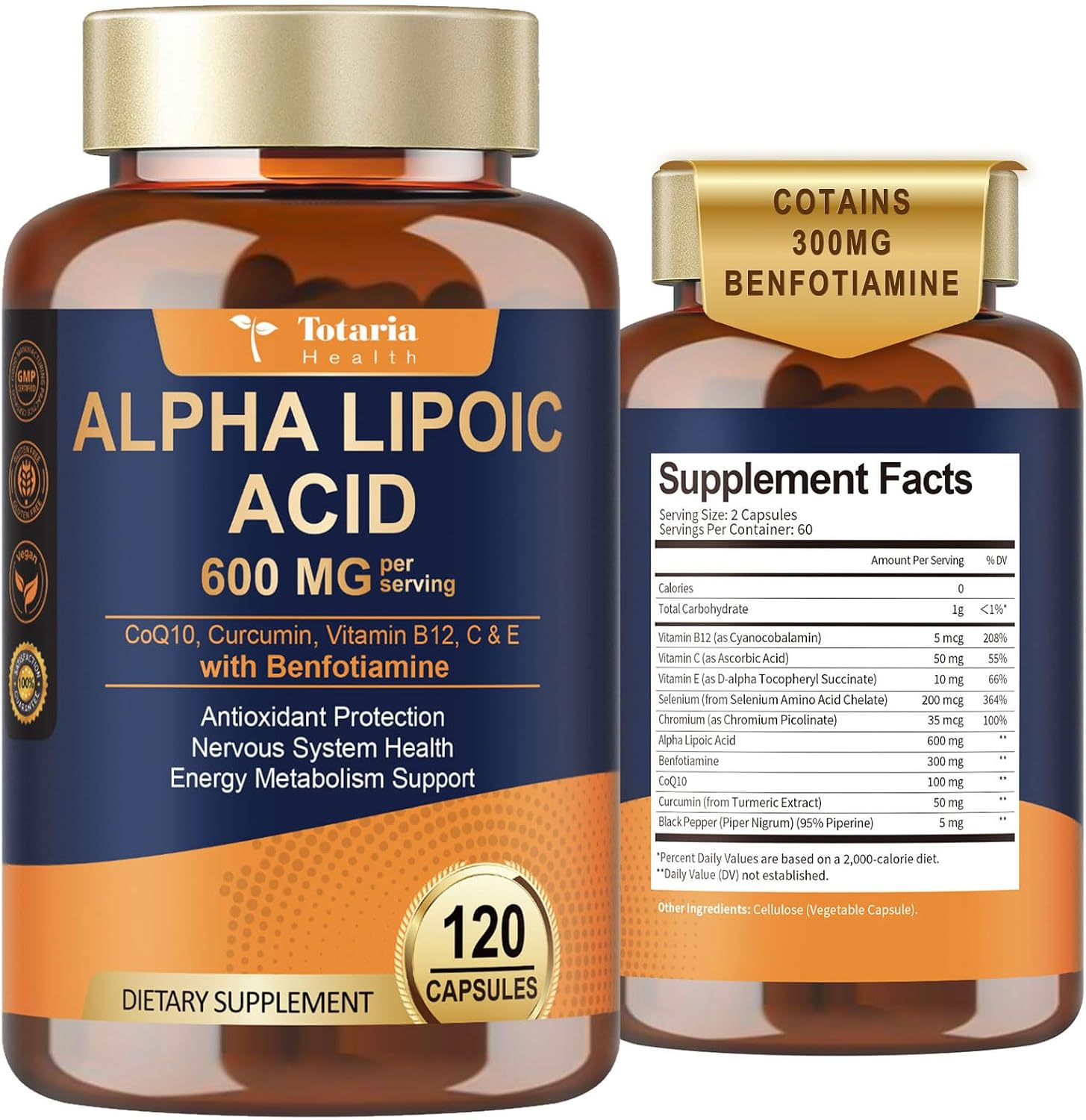 Alpha Lipoic Acid 600mg with Benfotiamine 300mg - ALA Supplement for Antioxidant, Nerve Health, Energy & Metabolism Support, Cell Energy, Neuropathy Supplement, Anti-Aging, Non-GMO, Gluten Free, Vegan