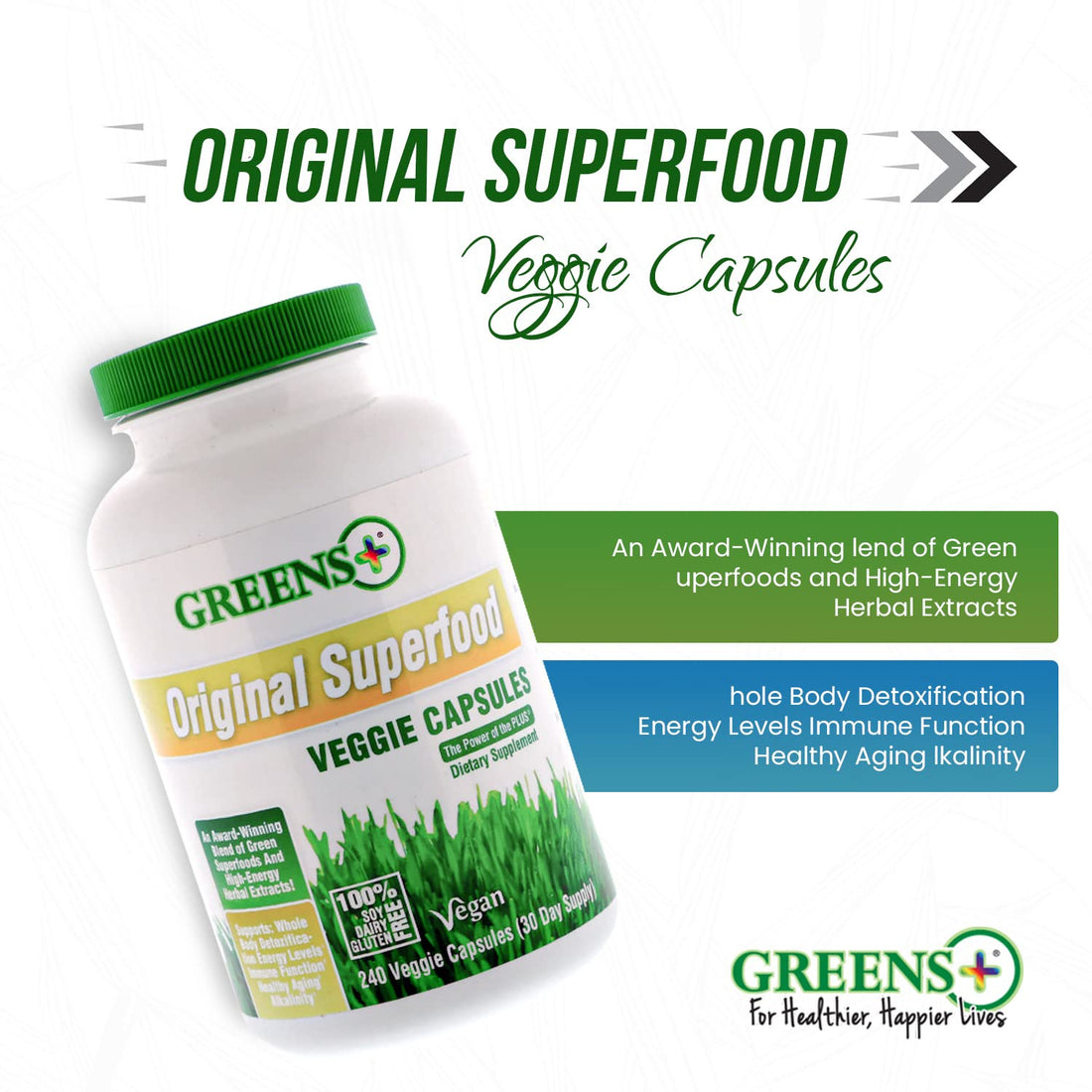 Two bottles of Greens Organics superfood products on a white background
