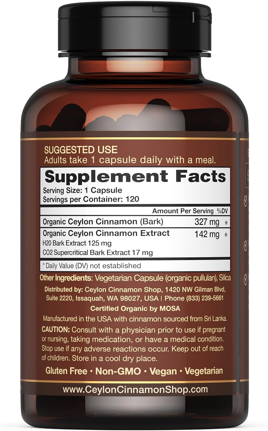 CinnaGuard™ Organic Ceylon Cinnamon Capsules, Extra Strength – 120 Count | USDA Certified Supplement, Premium Grade Clean Extract, Non-GMO, Gluten Free, 4 Month Supply, Made in the USA (GMP)