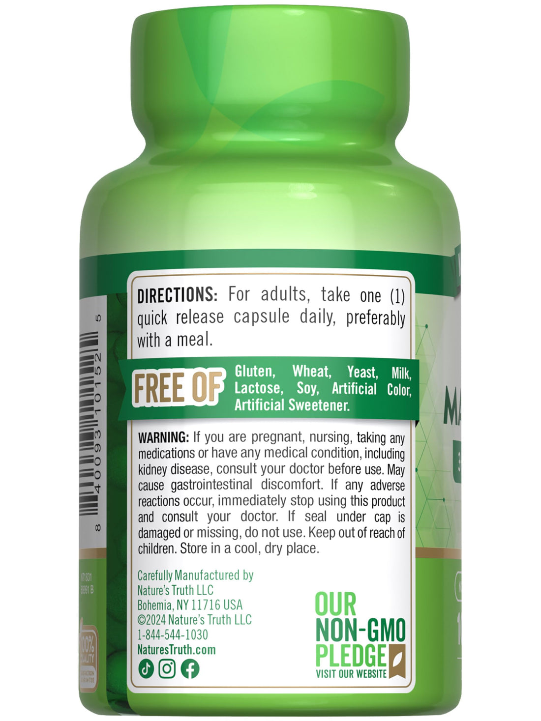 Green bottle of Nature's Truth Triple Magnesium supplement on a white background