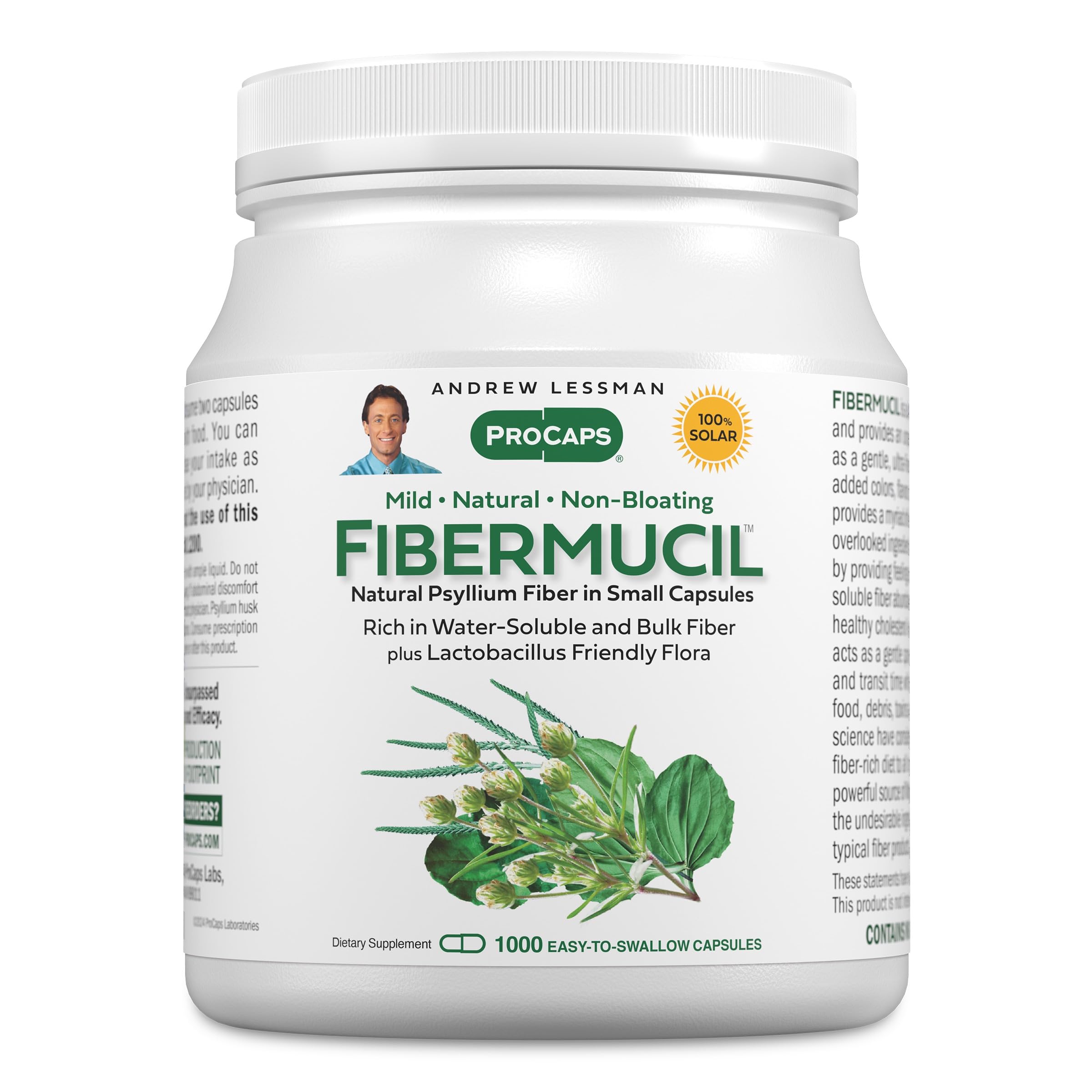 Andrew Lessman ProCaps Fibermucil Psyllium Husk Fiber 180 Capsules | Psyllium Husk Powder with Soluble & Insoluble Fiber plus Lactobacillus Sporogenes. No additives. Easy-to-swallow capsules.