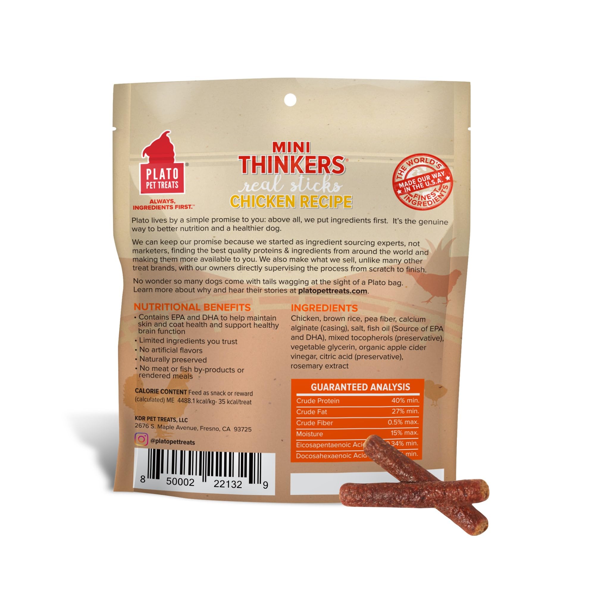 Plato Meat Sticks Salmon Dog Treats, Air-Dried High-Protein Soft Chews with Omega Fish Oil (EPA & DHA), 10 oz