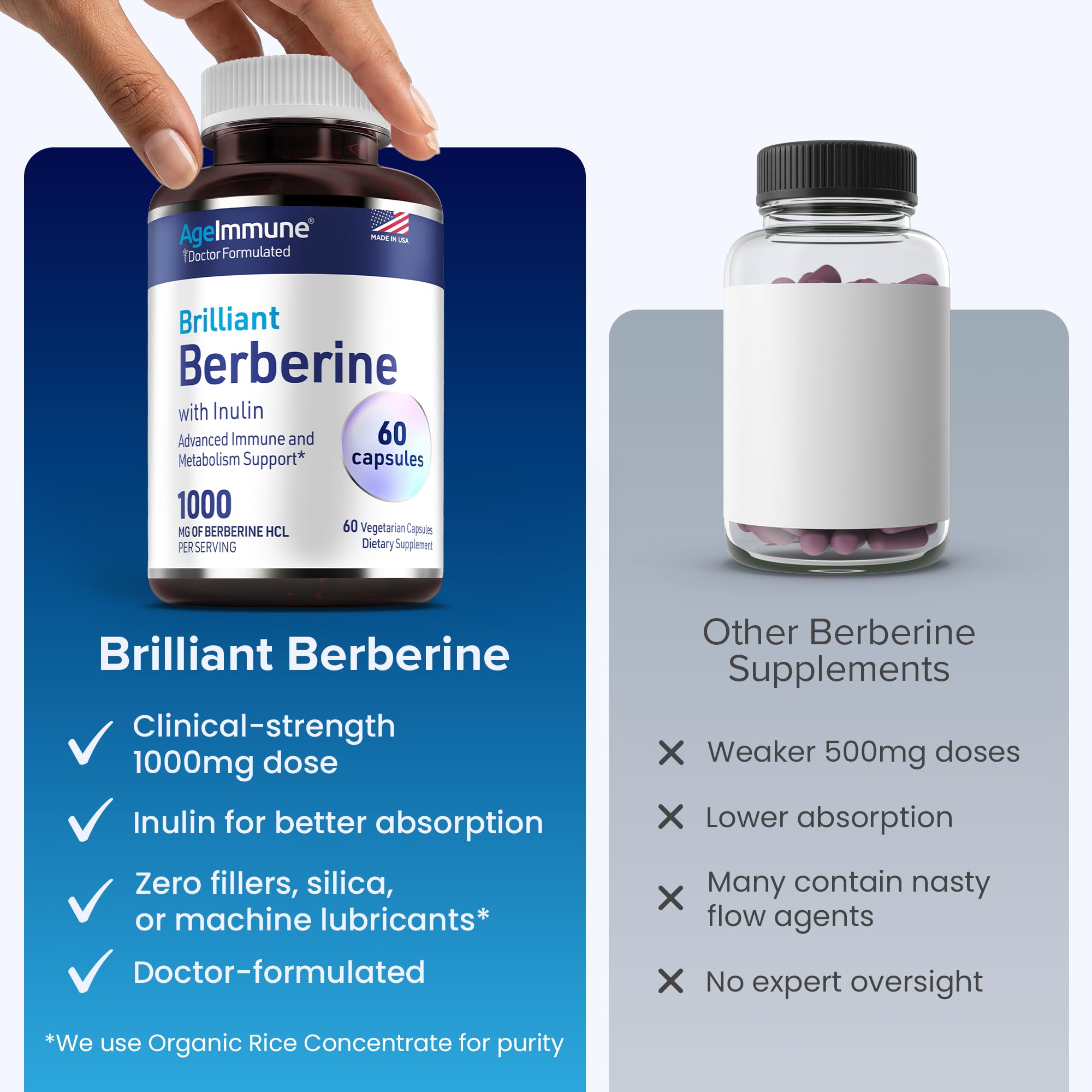 AgeImmune Berberine 1000mg Supplement Complex with Inulin Prebiotic - Berberine HCL 500mg per Capsule - Doctor Formulated and Third Party Tested Berberine Supplement