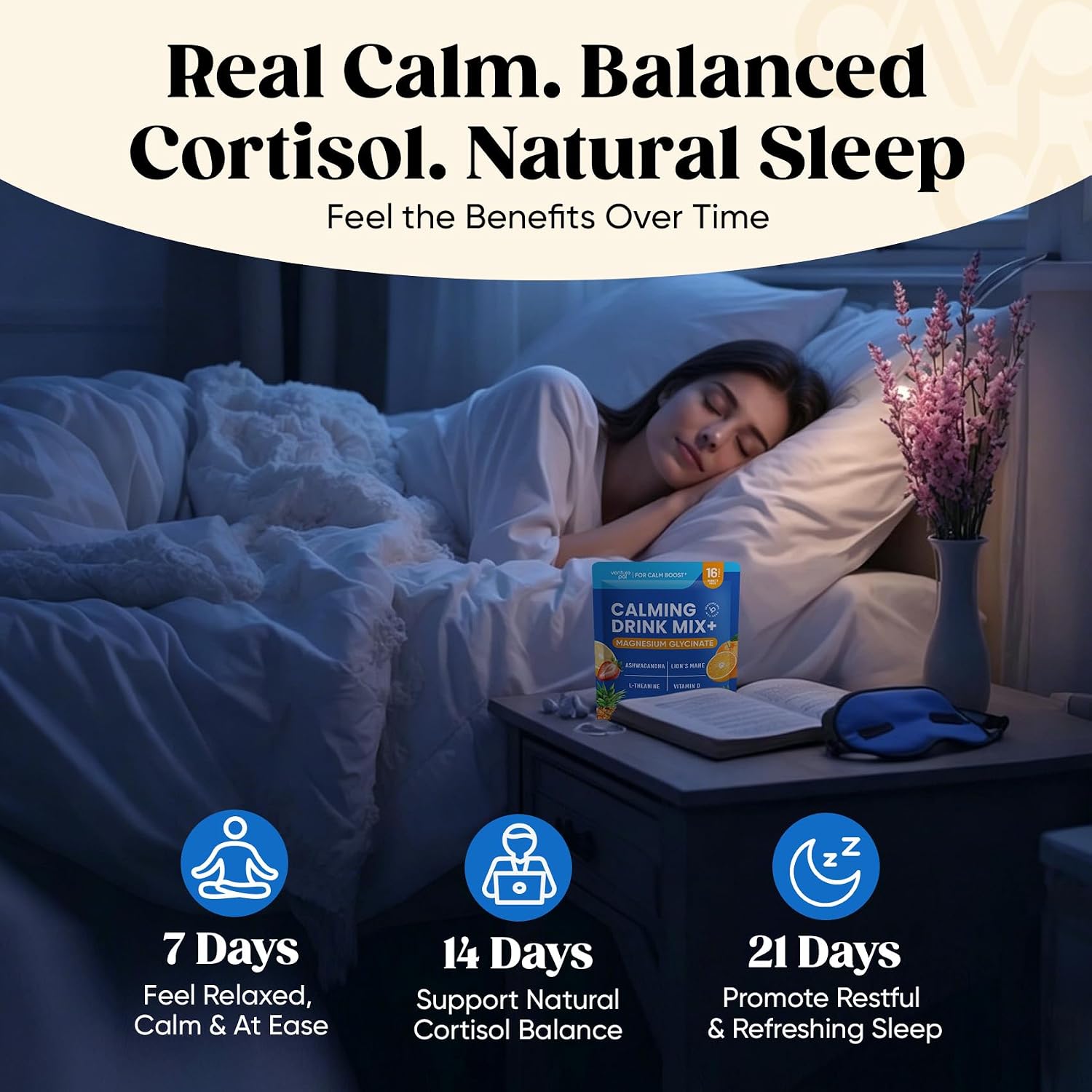 Venture Pal Calm Drink Mix, 12-in-1 Cortisol Reducer & Sleep Aid | Magnesium Glycinate, Ashwagandha, L-Theanine & Vitamin D, Calm Magnesium Powder for Relax & Focus, No Sugar, Non GMO