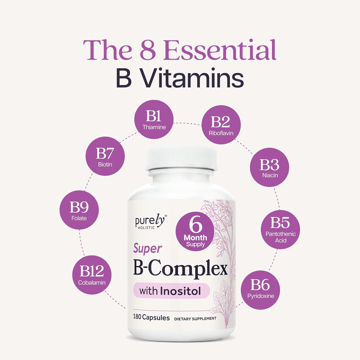 Vitamin B Complex, B1, B2, B3, B5, B6, B7, B9, B12 Inositol, 6 Month Supply | Energy Immune & Nervous System Support, Super B Complex Vitamins for Women & Men, One-A-Day, Vegan & Non-GMO, 180 Capsules