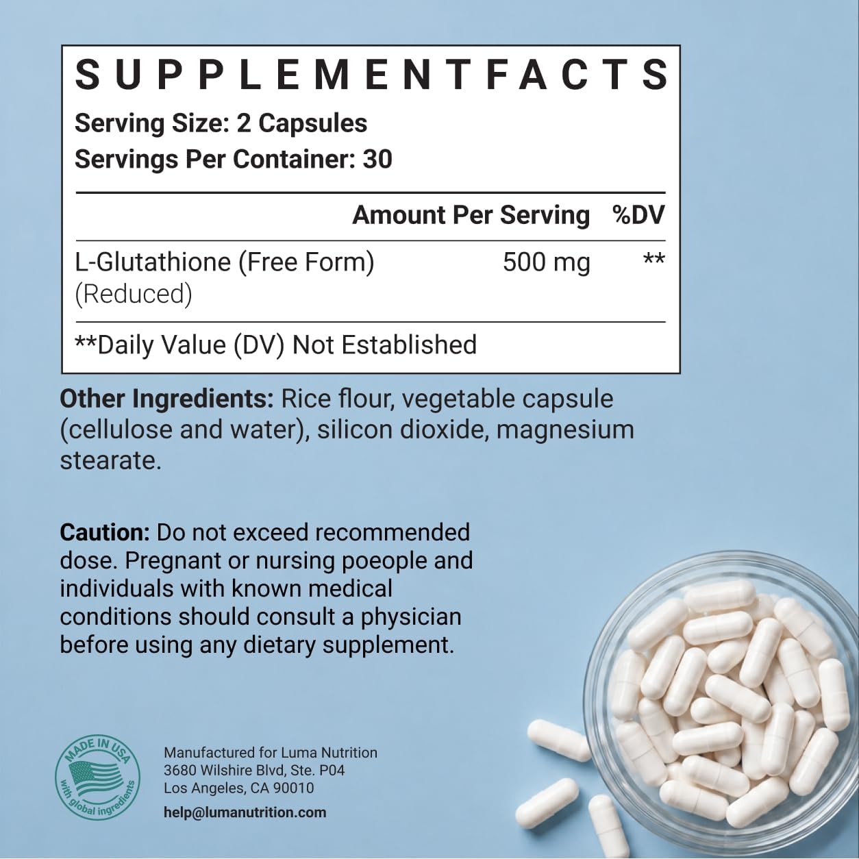 Luma Nutrition Premium Glutathione Supplement - 500mg - 60 Capsules