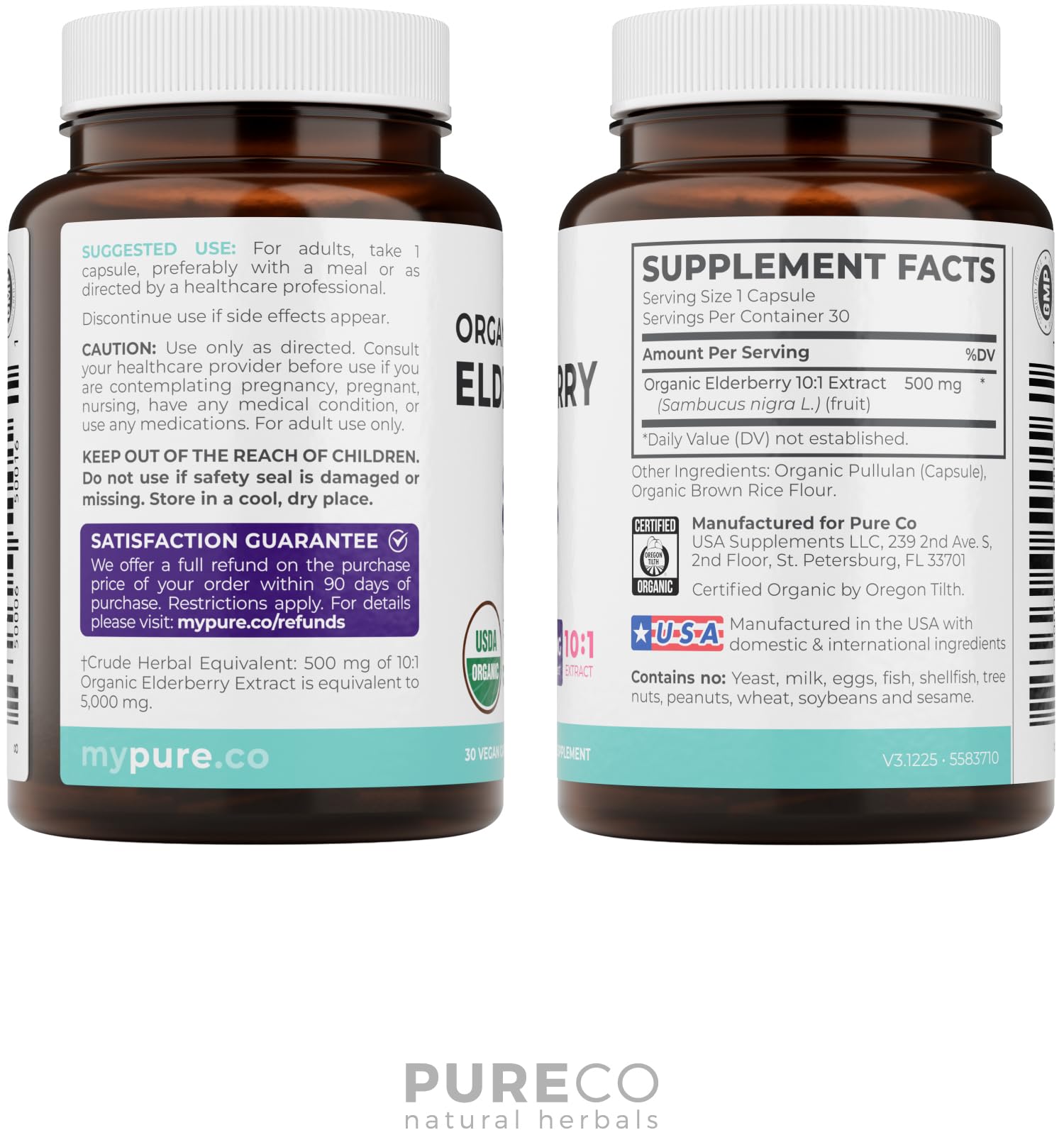 PURE CO Organic Elderberry 10:1 Extract 500mg Per 1 Capsule Serving - Vegan Black Elderberry Supplement for Immune Support, Allergy, Sinus Relief - Sambucus Nigra - 30 Caps