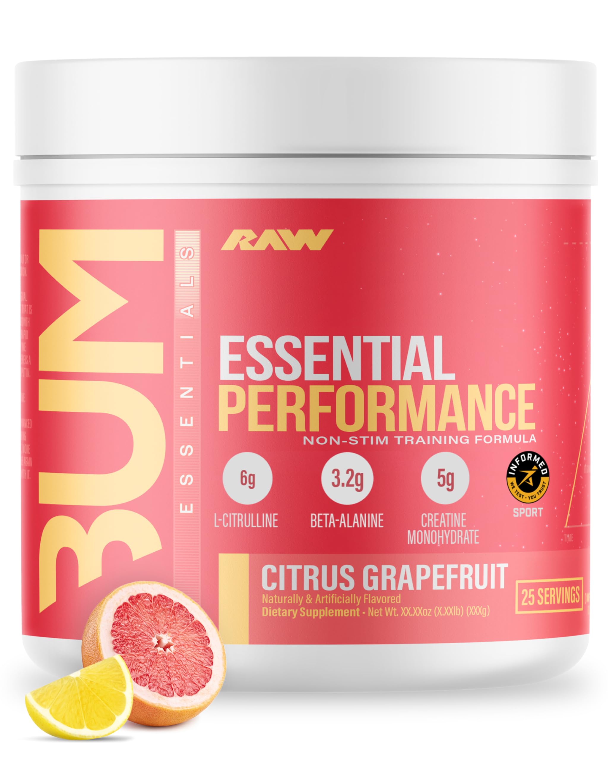 RAW Essential Performance Non-Stim Pre-Workout Powder - Preworkout for Endurance Strength & Focus Without Caffeine or Stimulants - Creatine Monohydrate, L-Citrulline & Beta Alanine - Blue Rathberry