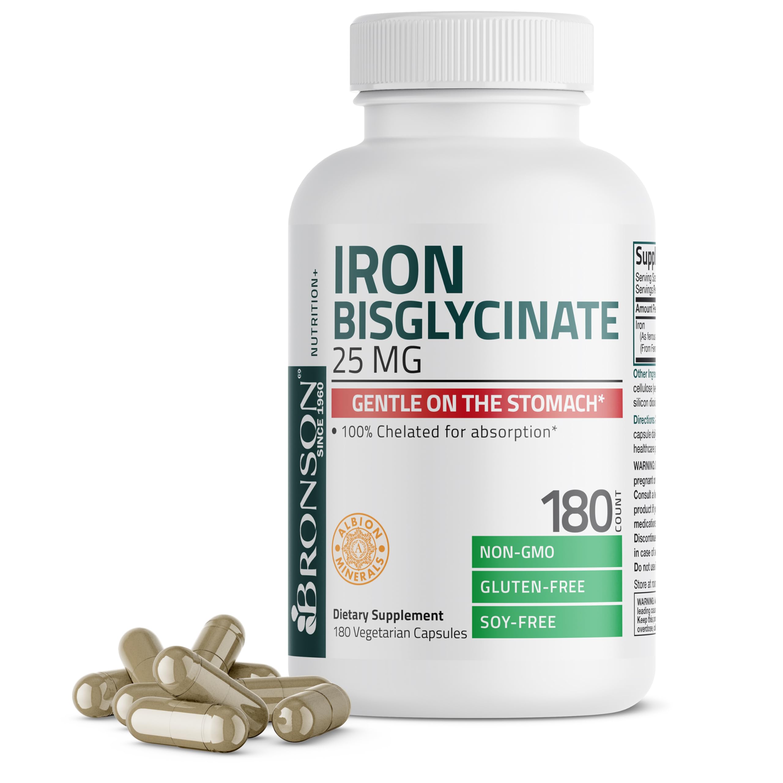 Bronson Iron Bisglycinate 25 mg Gentle on The Stomach, Supports Energy & Healthy Red Blood Cell Production - Non-Constipating Formula - Non GMO, 90 Vegetarian Capsules