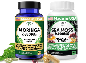 Two supplement bottles labeled 'Moringa' and 'Sea Moss' on a white background.