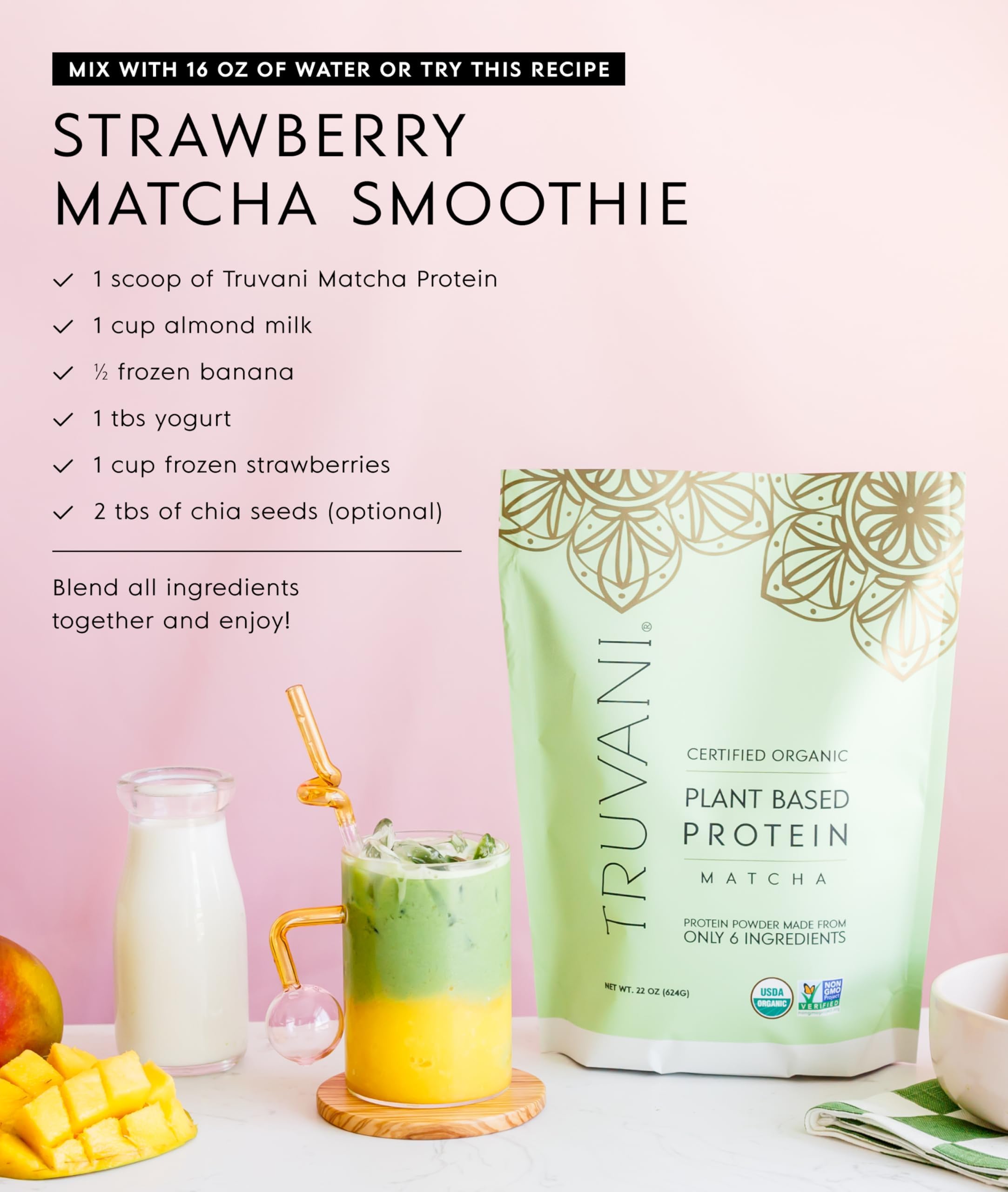 Truvani Organic Plant Based Protein Powder | Strawberry | 10 Servings | Vegan | 20g Pea Protein | Single Serving Travel Packets | Keto | Gluten & Dairy Free | Low Carb