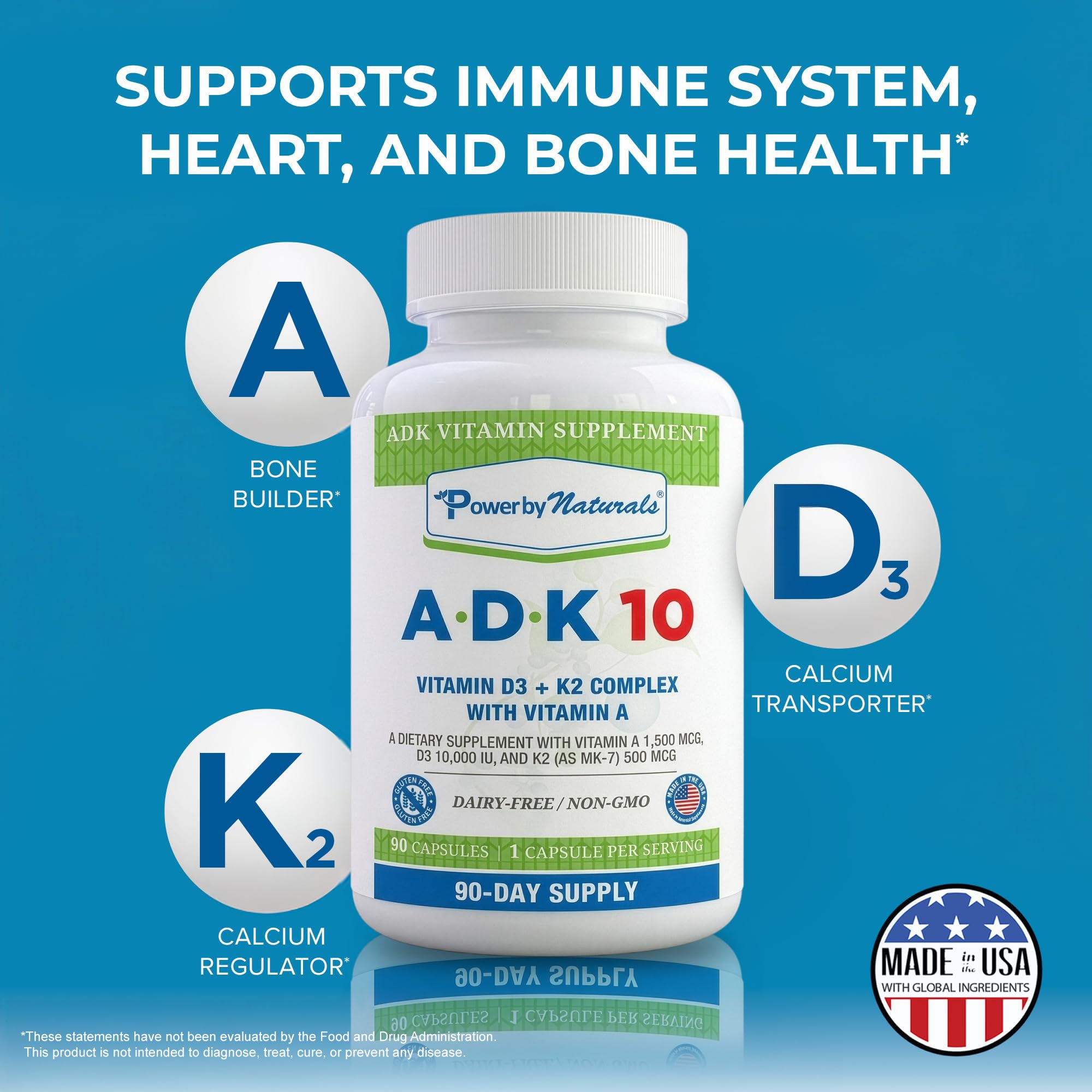 Power By Naturals ADK 10 Vitamin Supplement – Vitamins A, D3 & K2 MK-7 for Bone, Heart & Immune Health – Gluten-Free, Soy-Free – 90 Capsules (3-Month Supply)