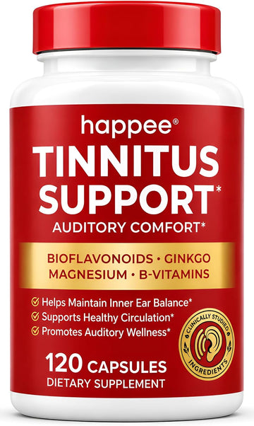 Happee Tinnitus Supplement for Ringing Ears, Bioflavonoids & Ginkgo, 120ct | Flavonoids Plus Essential Nutrient, Daily Support for Inner Ear Health & Microcirculation, NO Dyes, Clean Label