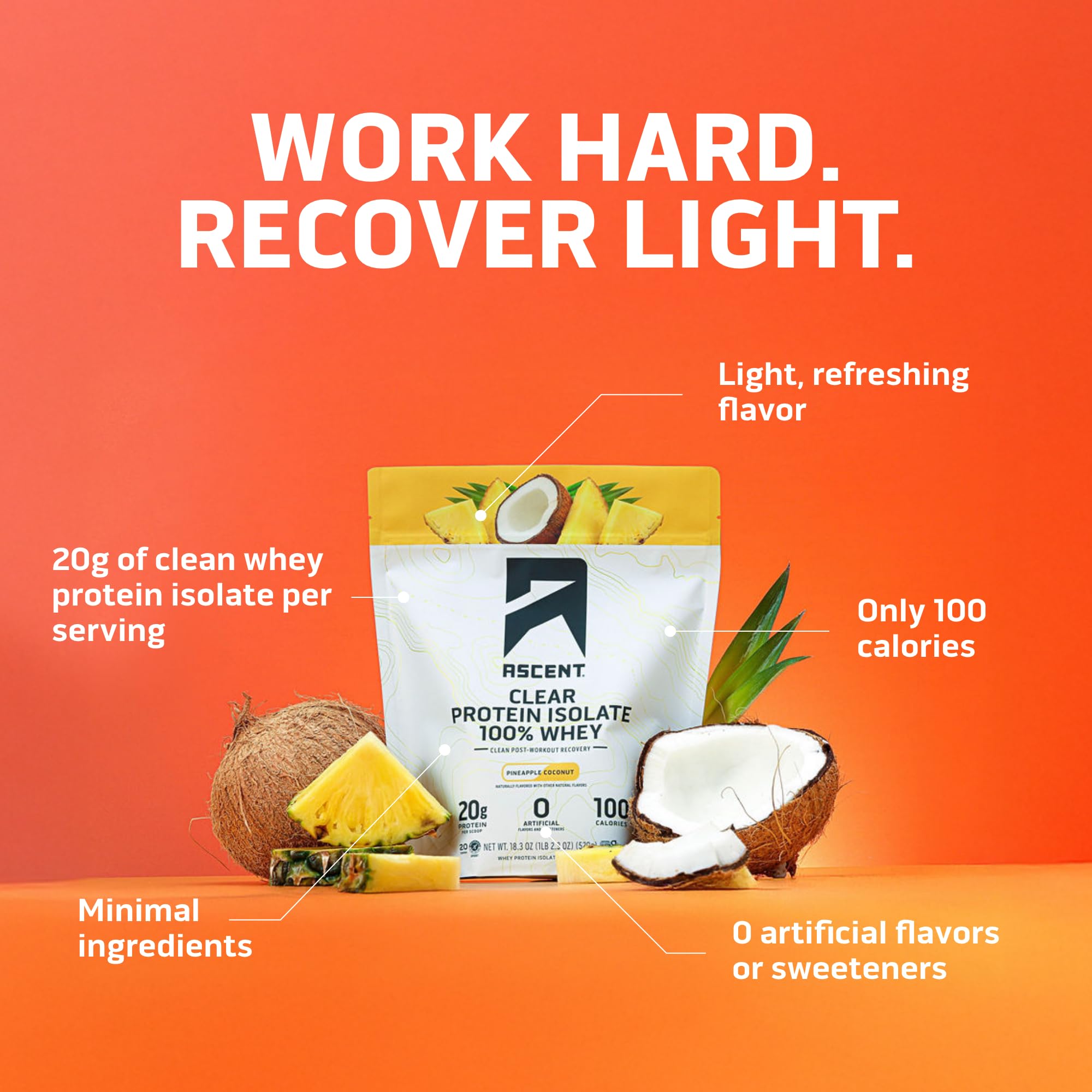 Ascent 100% Clear Whey Protein Powder - Post Workout Whey Protein Isolate, Zero Artificial Flavors & Sweeteners, Gluten Free, 5.5g BCAA, 2.1g Leucine, Essential Amino Acids, Pineapple Coconut, 20 Serv