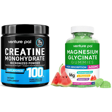 Venture Pal Micronized Creatine Monohydrate Powder + Magnesium Gummies - Sugar-Free, 60-Day Supply, Vegan & Gluten-Free