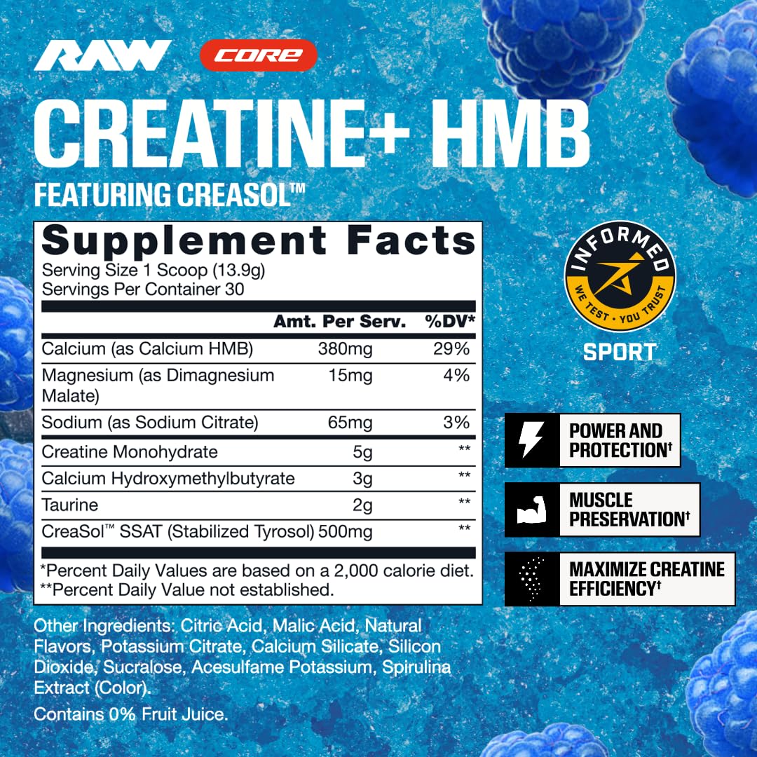RAW Creatine Plus HMB, Champion Mentality, Creatine HMB Powder - Creatine Monohydrate Powder with 3G HMB, Taurine & No Added Sugar, Muscle Mass Growth, Strength Building & Enhanced Energy, 30 Servings