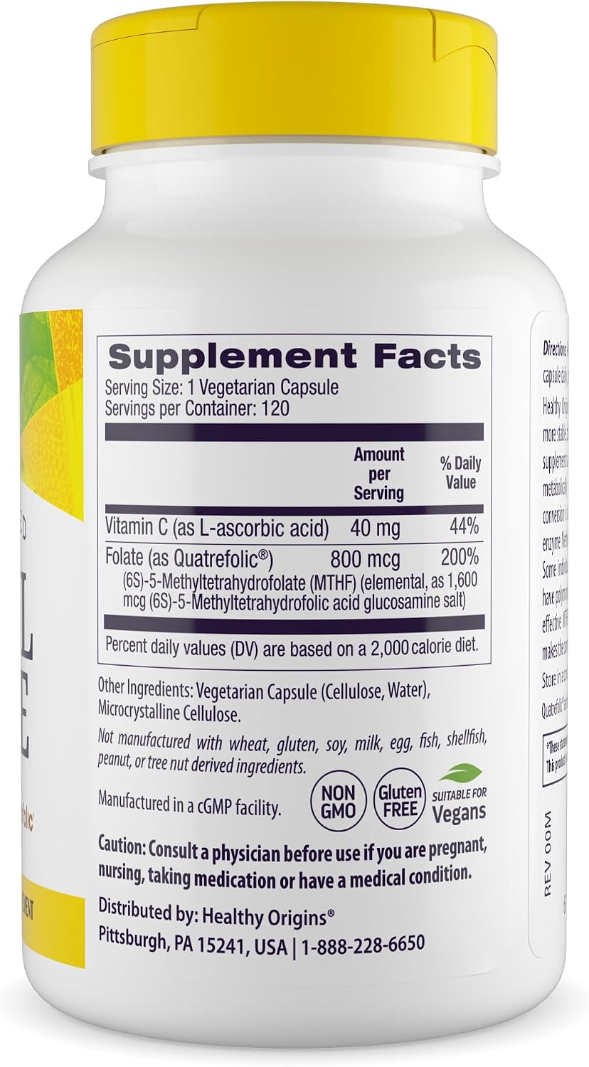 Healthy Origins Methyl Folate Quatrefolic 800 mcg, 120 Veggie Caps | Active Quatrefolic methylfolate B9 supports prenatal, brain & heart health. MTHFR-friendly form.