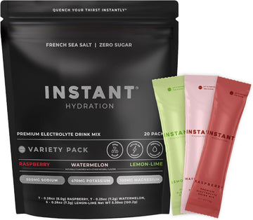 Instant Hydration Sugar Free Electrolytes Powder Packets Variety Pack - Watermelon, Raspberry, Lemon Lime Drink Mix & Travel Essentials with Magnesium and Potassium - Post Workout Recovery - 20 Sticks