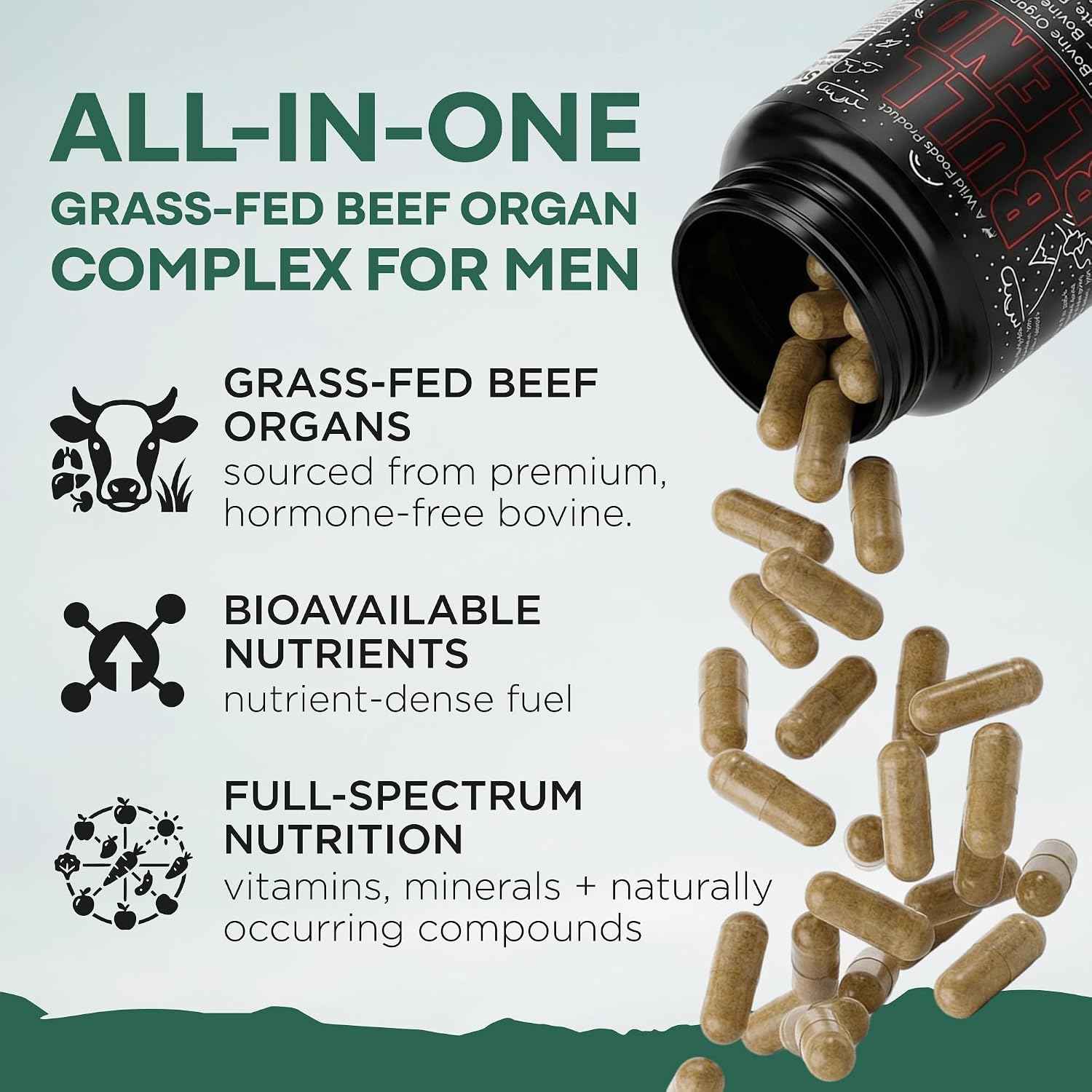 Wild Grass Fed Beef Organ Supplement for Men - Complete Ancestral Nutrition Complex with Beef Liver, Testicle, Prostate & Bone Matrix - Organ Meat Supplements - 30 Day Supply