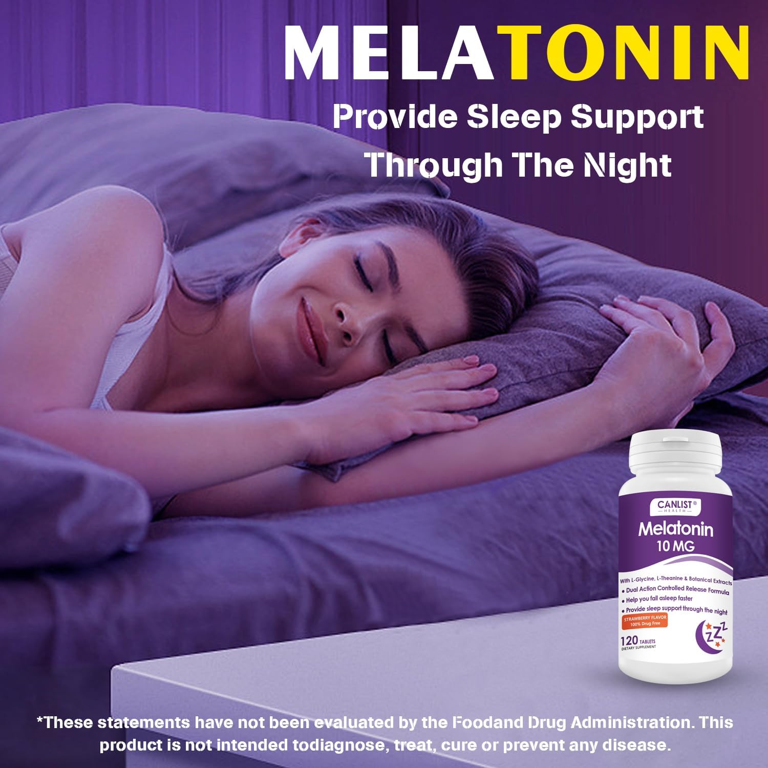 CANLIST Extra Strength Melatonin 10mg Tablets, Sleep Support, Fall Asleep Faster, Non-Habit Forming Sleep Aids for Adults, Sleep Cycle Regulation, Vegan, Non-GMO & Gluten-Free, 120 Tablets