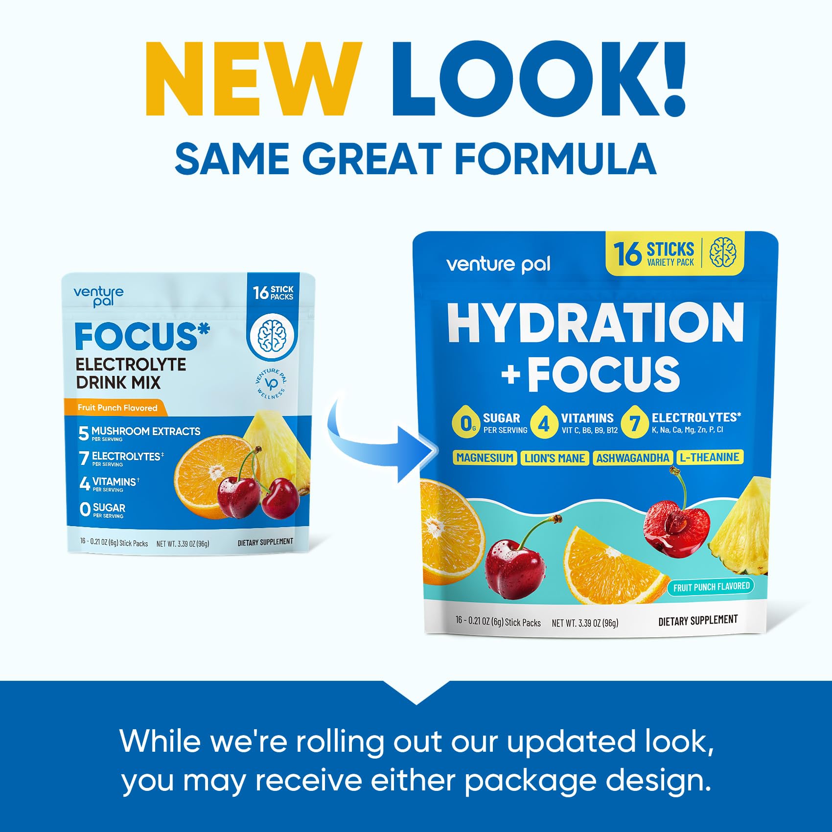 Venture Pal Sugar Free Hydration + Focus Electrolyte Packets, 16 Sticks | 7 Electrolytes + Vitamins, Magnesium, Lion's Mane & Ashwagandha, Boost Clarity & Energy, Electrolytes Powder, Vegan, Keto