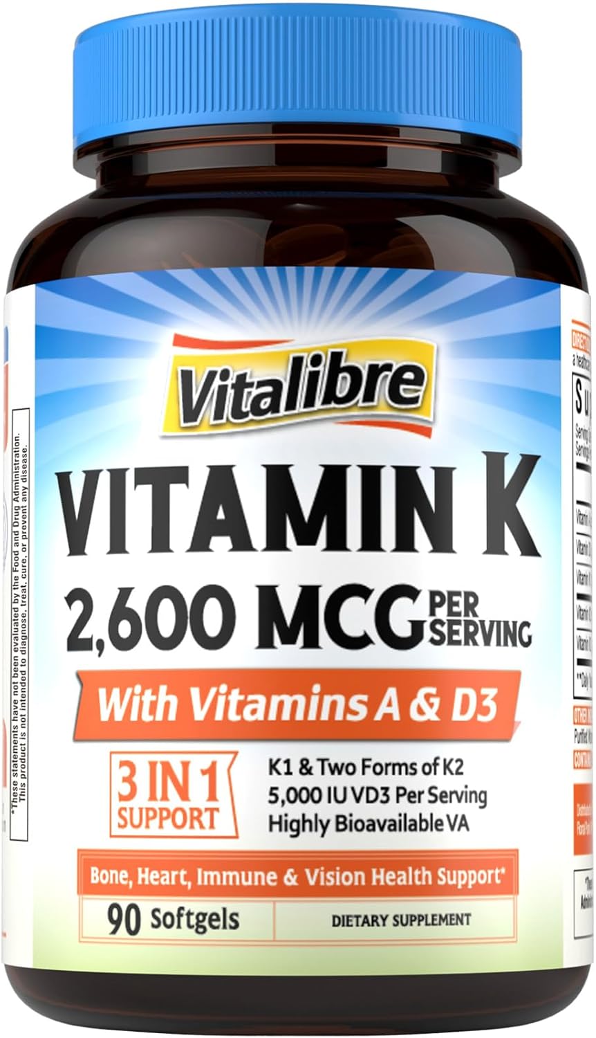 Vitalibre Vitamin K Complex 2600 mcg with Vitamin A & D3 5000 IU | Bioavailable K2 D3 Vitamin Supplement, Full Spectrum, for Bone Strength and Heart Health, 90 Softgels