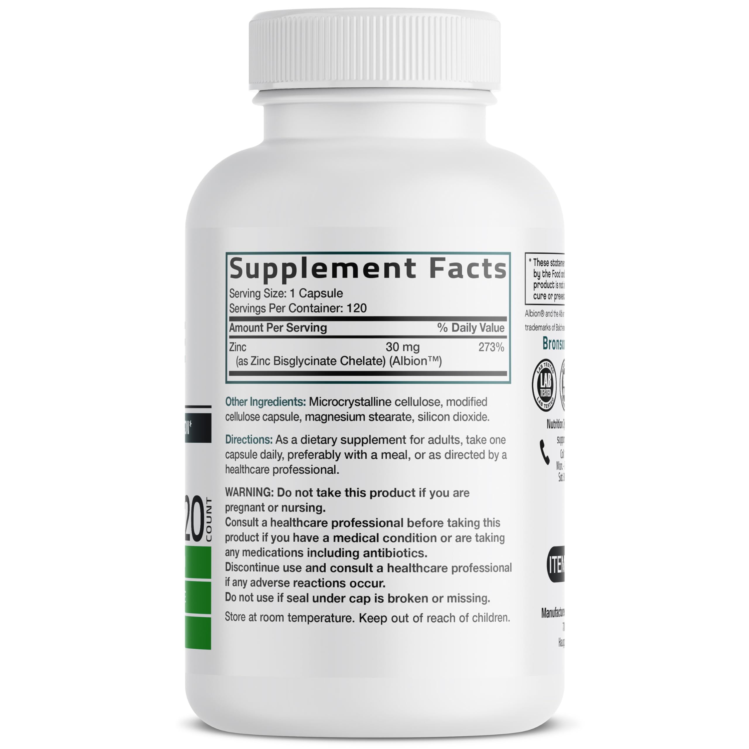 Bronson Zinc Glycinate 30mg Chelated Superior Absorption 100% Chelated Formula Non-GMO, 120 Vegetarian Capsules