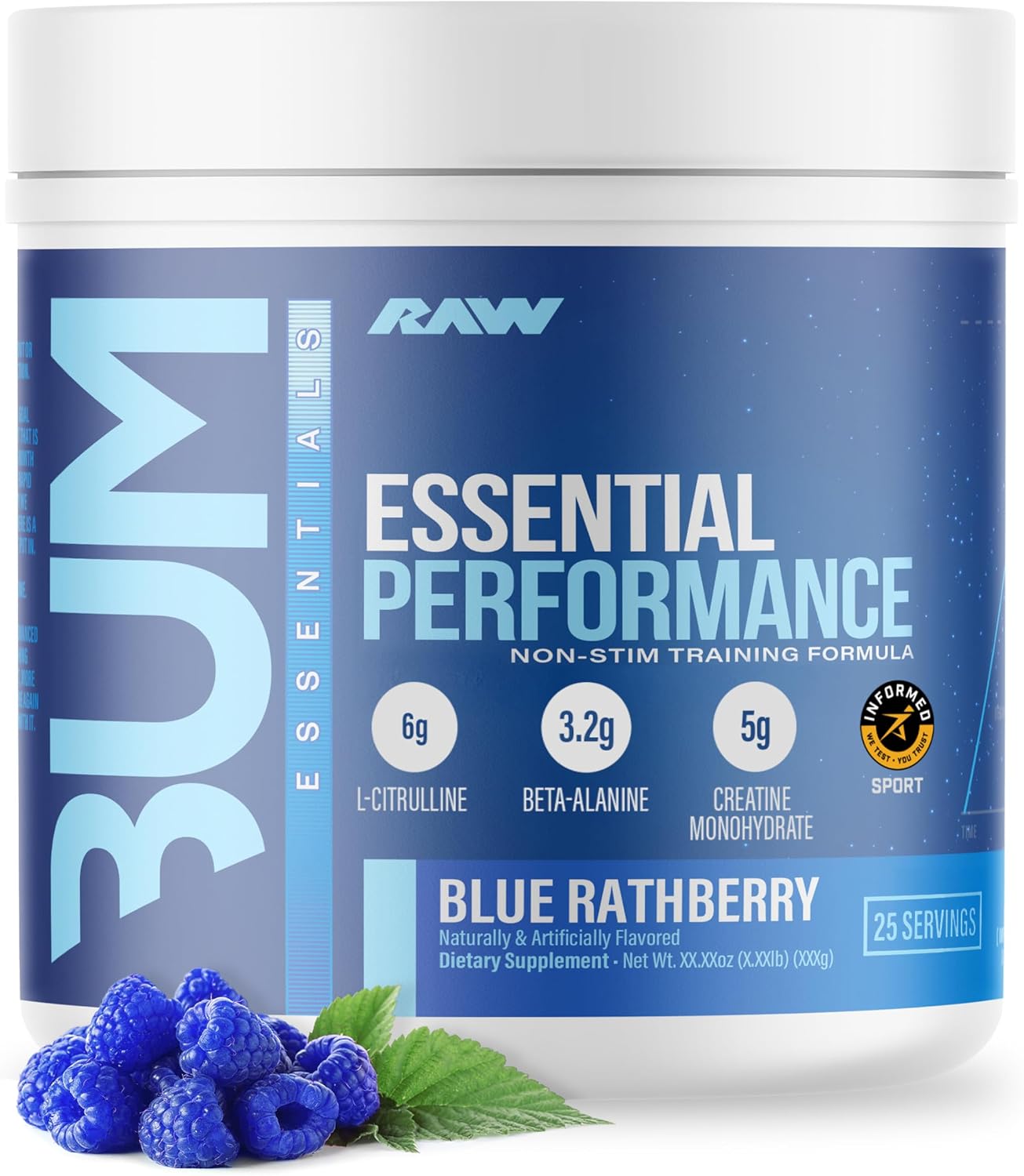 RAW Essential Performance Non-Stim Pre-Workout Powder - Preworkout for Endurance Strength & Focus Without Caffeine or Stimulants - Creatine Monohydrate, L-Citrulline & Beta Alanine - Blue Rathberry