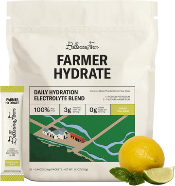 Ballerina Farm Farmer Hydrate Lemon Lime Basil Electrolyte Powder Packets | Travel Ready, Organic Coconut Water, Irish Sea Moss, French Sea Salt, 210mg Sodium, 25 Count