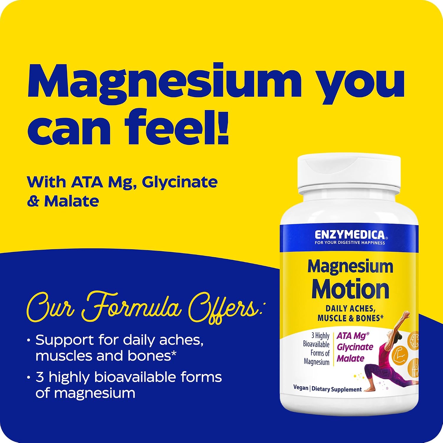 Enzymedica Magnesium Motion Supplement for Women & Men - Triple Magnesium Complex, ATA Mg, Malate & Glycinate, Muscle & Bone Health Support Capsules, High Bioavailability, Vegan, Gluten Free- 120 Caps