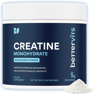 Bettervits Creatine Monohydrate Powder – 100% Pure Micronized Creatine 5g | Unflavoured Creatine Workout Supplement for Muscle Strength, Power & Growth | Vegan Creatine for Women & Men | 60 Servings