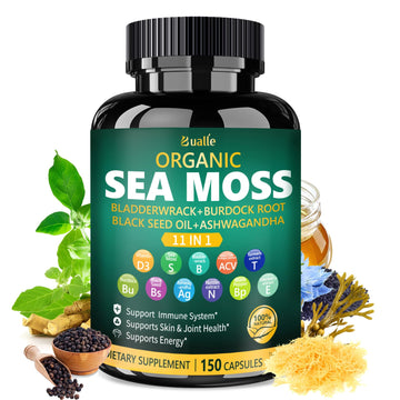 Bottle of organic sea moss supplement with ingredients on a white background