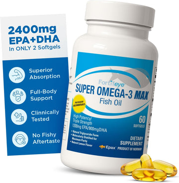 Fortifeye Super Omega-3 Max Fish Oil - 60 Count - Quadruple Strength Ultra-Pure rTG Omega-3-2400mg EPA + DHA in 2 Softgels - Expertly Concentrated & Purified in Norway from Wild Fish - Lemon Flavor