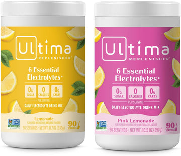 Ultima Replenisher Electrolyte Powder Drink Mix Bundle – Sugar Free – Lemonade and Pink Lemonade, 90 Servings– Hydration Powder - 6 Key Electrolytes and Trace Minerals – Keto Friendly, Non-GMO