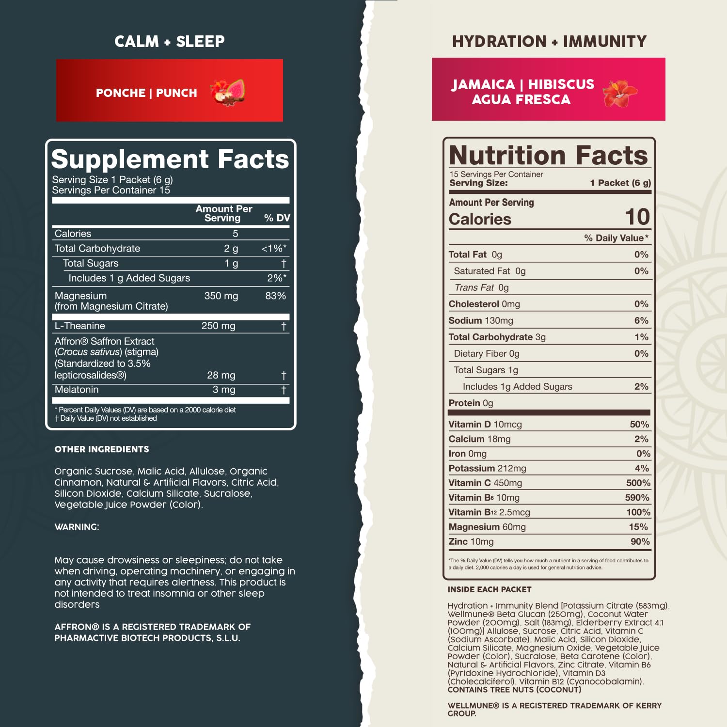 Salud 2-Pack | 2-in-1 Calm + Sleep (Punch) & Hydration + Immunity (Hibiscus) 15 Servings Each, Drink Mix, Dairy & Soy Free, Non-GMO, Gluten Free, Vegan, Low Calorie, 1g of Sugar