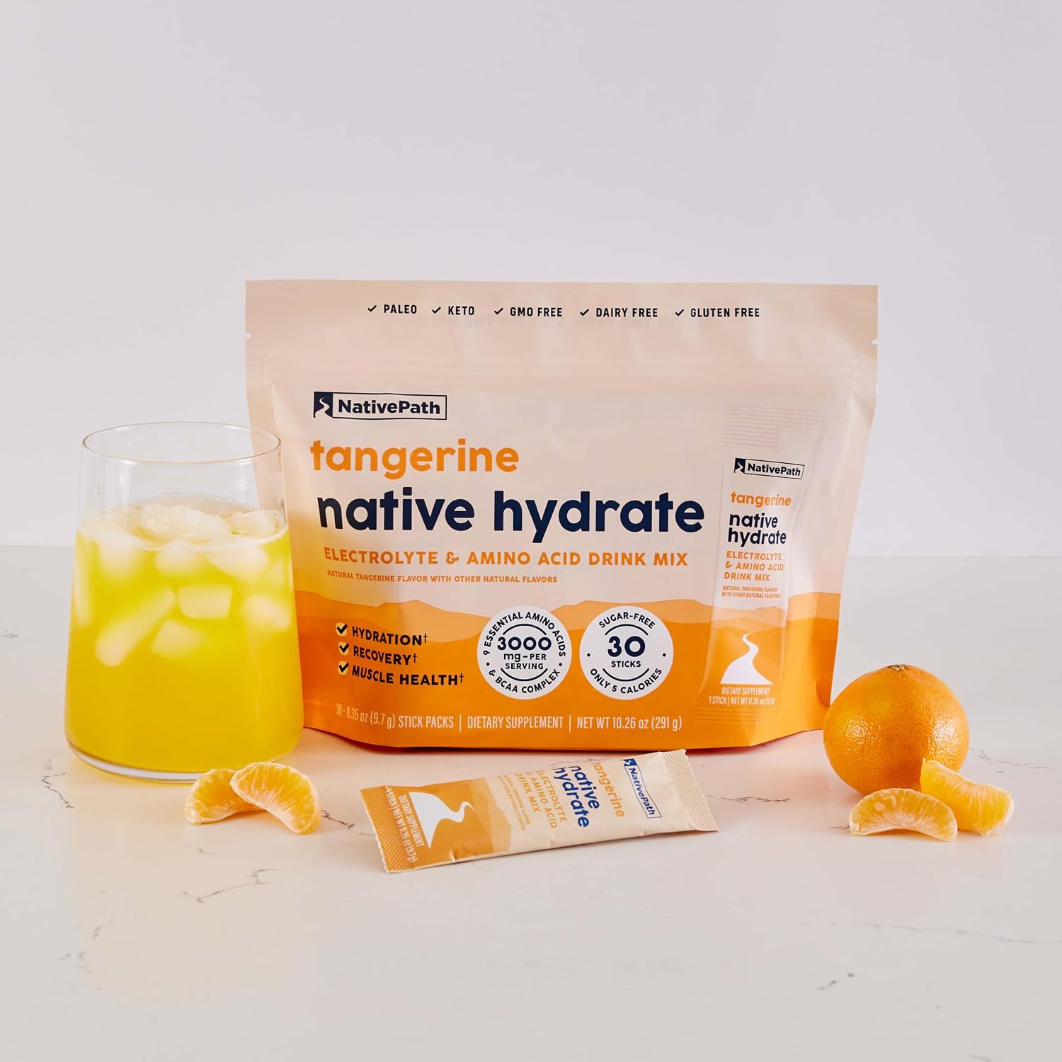 NativePath Hydrate Electrolyte Stick Packs, Tangerine, 30 Count | Single-Serve Sticks, 14 Vitamins & Minerals, 9 Aminos & 2000mg BCAAs, Zero Sugar, Hydration, Keto