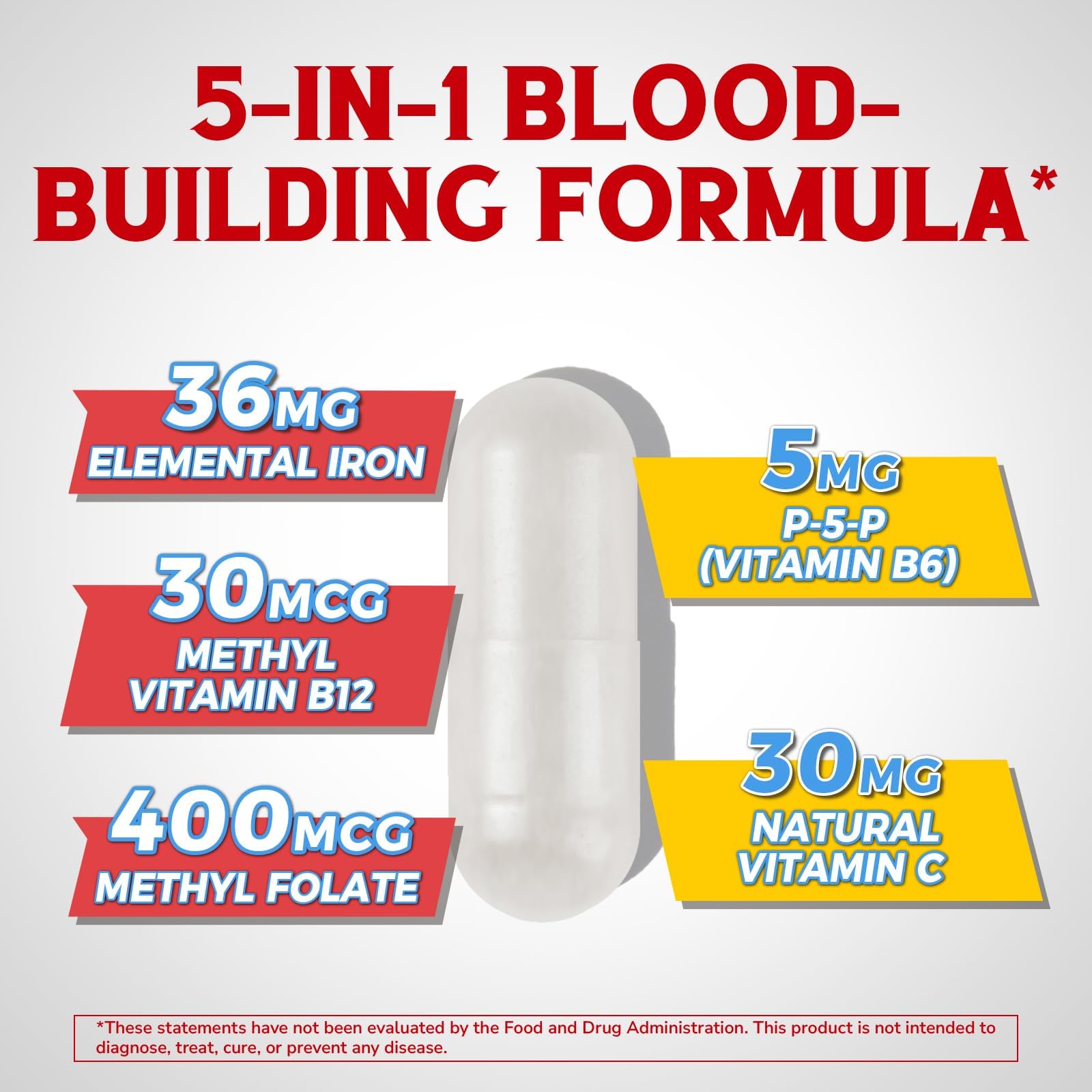 Iron Supplement for Women & Men, with Vitamins C, B6, B12 & Folate | for Iron Deficiency, Blood Building & Energy Support, Stomach Friendly, Better Absorption, Non-GMO, No Gluten, 60 Vegan Caps