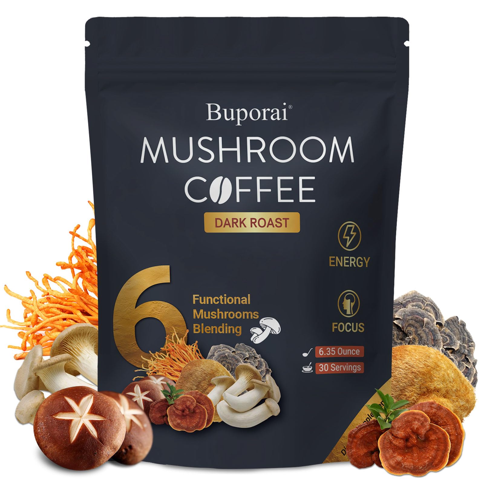 Mushroom Coffee, Instant Mushroom Coffee Organic with 6 Mushrooms Lion’s Mane, Cordyceps, Turkey Tail & Other for Energy, Focus, Digestion, Immunity, 35 Servings