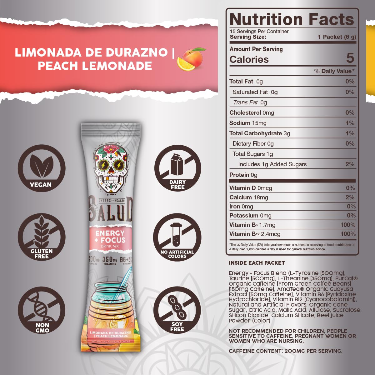 Salud 2-in-1 Energy + Focus Drink Mix, Hibiscus | Organic Caffeine, B6 + B12, Theanine, Clean Energy Packets, Agua Fresca Mix, Non-GMO, Gluten Free, 1g of Sugar (15 Servings)