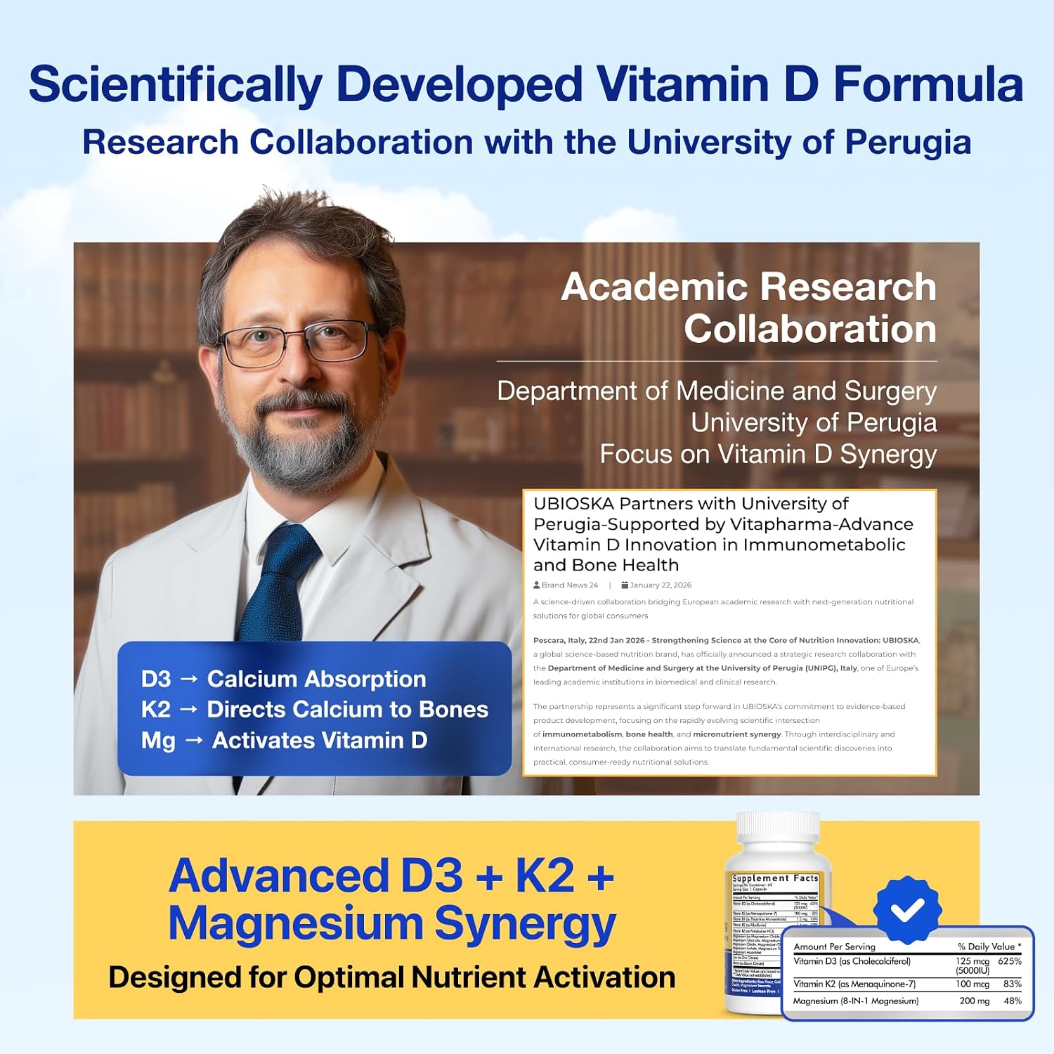 UBIOSKA Vitamin D3 K2 Magnesium, 5000 IU D3, K2 as MK-7, 60 Capsules | 8-form magnesium with glycinate, taurate and malate, plus B vitamins and zinc for daily bone, muscle and immune support