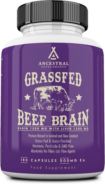 Ancestral Supplements Grass Fed Beef Brain Supplement with Liver, 180 Ct | Whole food brain and liver health formula supports brain function, mood and memory. Grass fed, non-GMO.