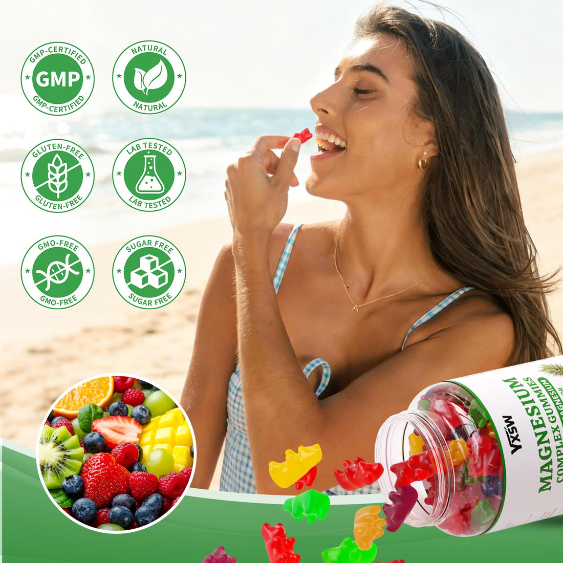 Bottle of YXSW Magnesium Complex Gummies with fruit illustrations on a white background