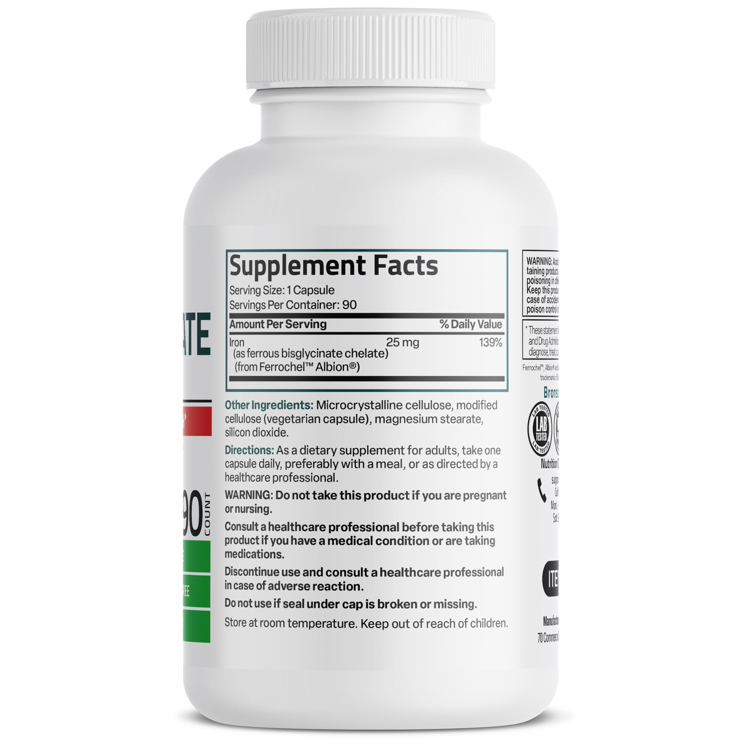 Bronson Iron Bisglycinate 25 mg Gentle on The Stomach, Supports Energy & Healthy Red Blood Cell Production - Non-Constipating Formula - Non GMO, 90 Vegetarian Capsules