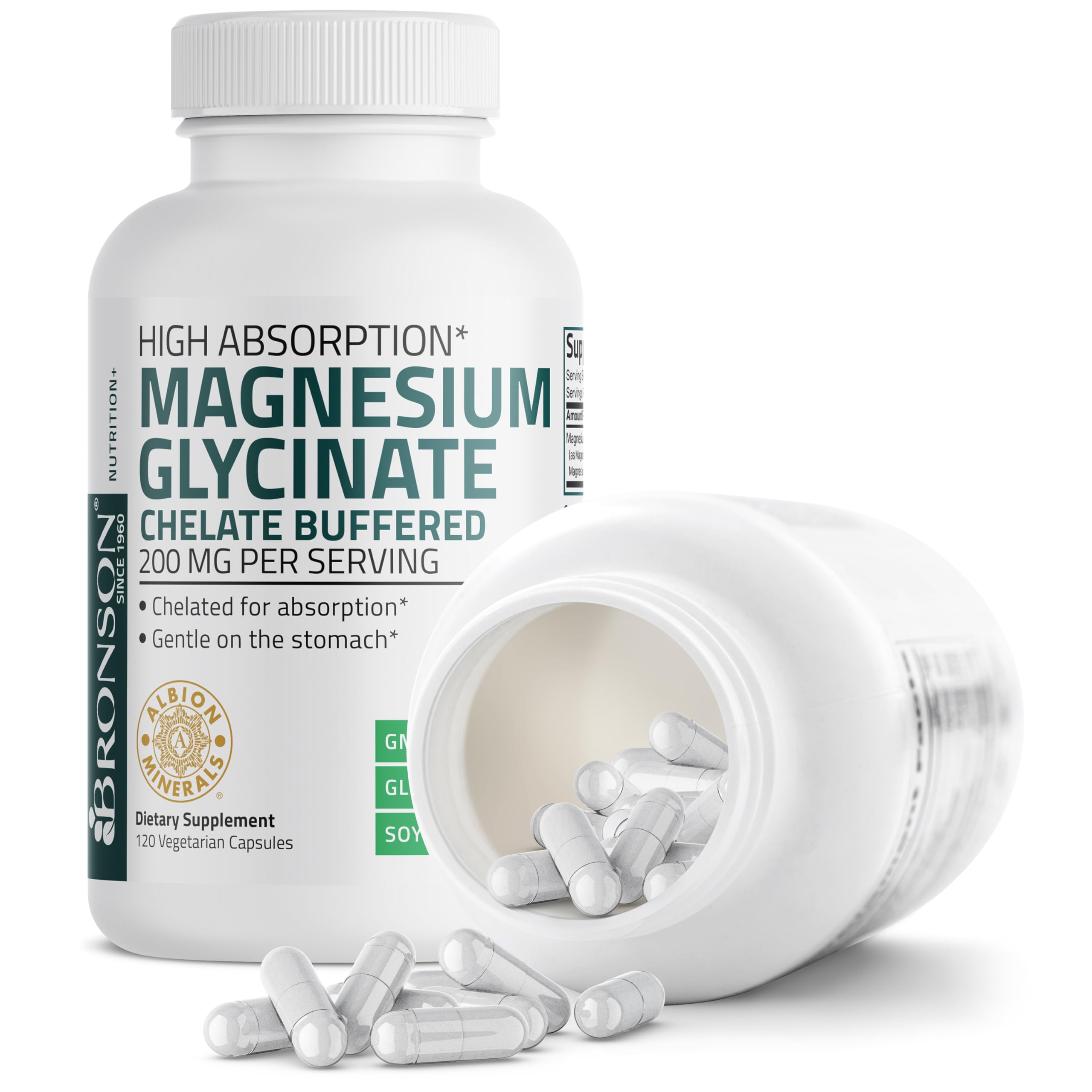 Bronson Magnesium Glycinate 200 MG Chelated High Absorption, 60 Capsules | Stress Relief, Sleep, Heart Health, Nerves, Muscles, and Metabolism Support, Vegetarian, Non-GMO, Gluten Free, Soy Free