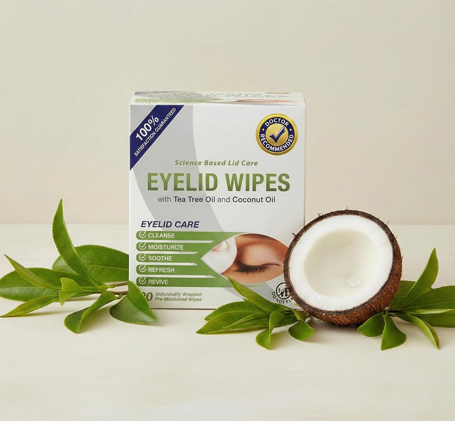 Lunovus Premium Eyelid Wipes With Tea Tree and Coconut Oil - Cleansing Wipes for People Itchy Eyes - Individually Wrapped - Box Of 30 Natural Eye Wipes