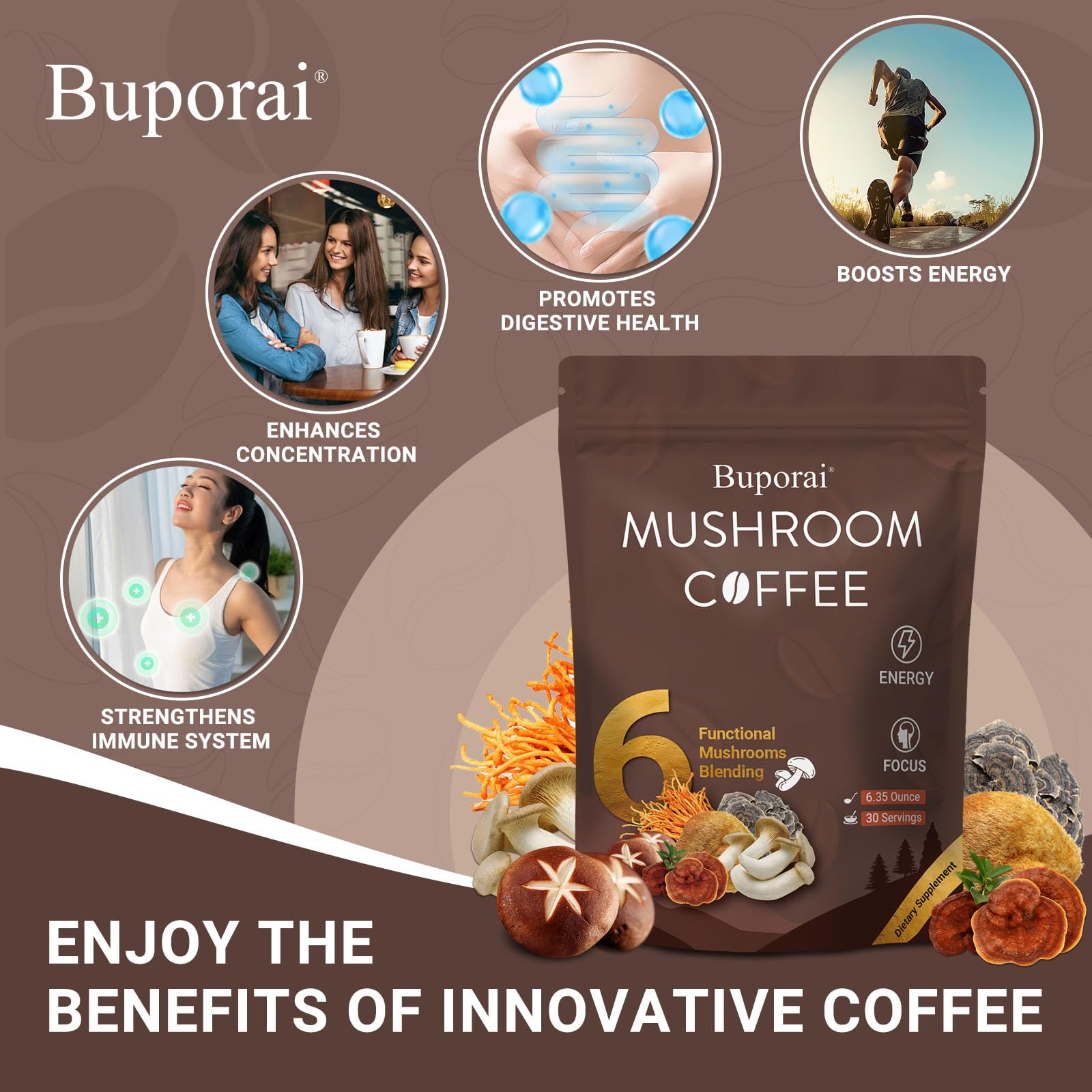 Mushroom Coffee, Instant Mushroom Coffee with 6 Mushrooms | Lion’s Mane, Cordyceps, Turkey Tail & Other for Energy, Focus, Digestion, Immunity, 30 Servings
