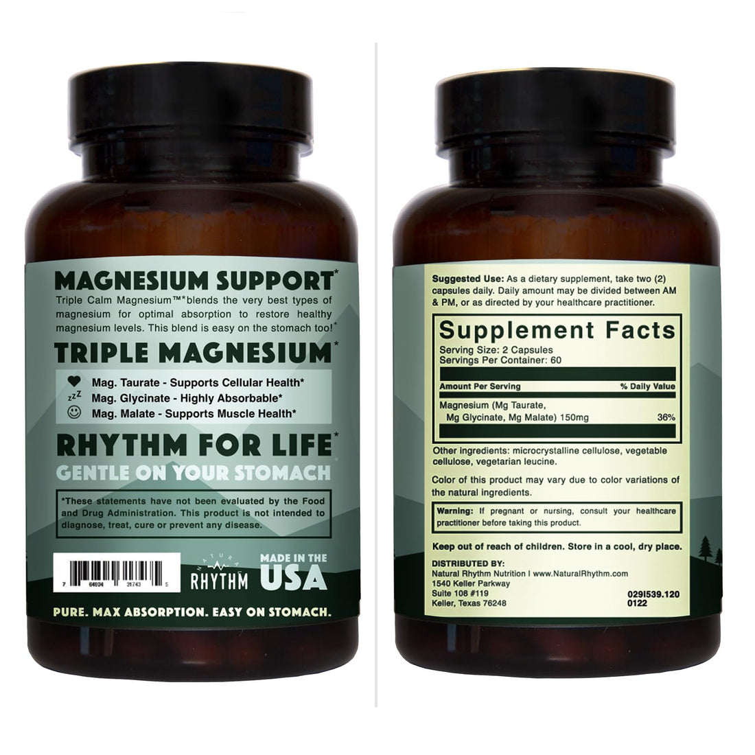 Supplement bottle labeled 'Triple Calm Magnesium' by Rhythm on a white background