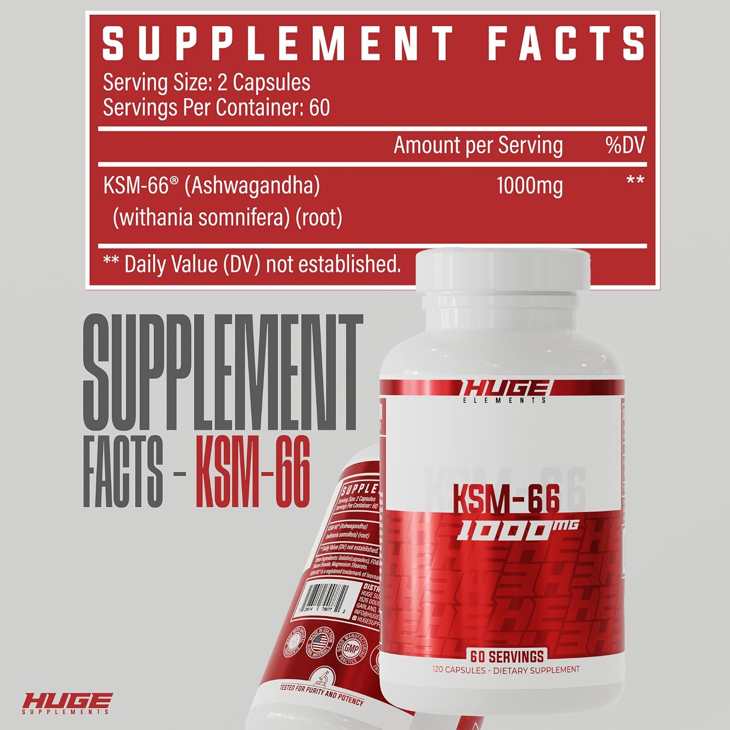 Huge Supplements KSM-66 Ashwaghanda, High Potency 5% Withanolides, 1000mg of Clinically Studied KSM66 (120 Capsules)