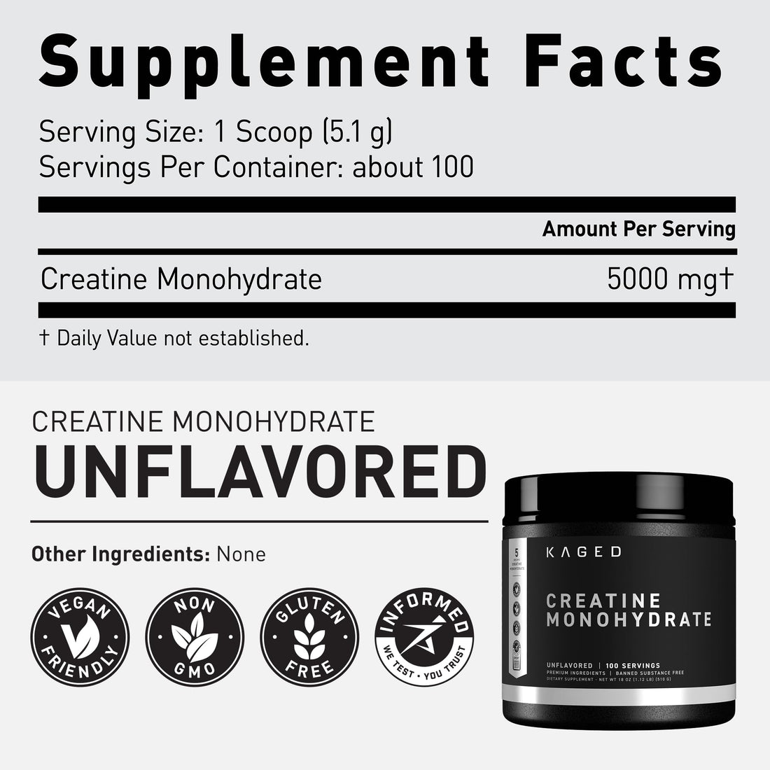 Kaged Creatine Monohydrate Micronized Powder | Unflavored | Muscle Building & Recovery | 5000 mg Per Serving | Vegan, Gluten Free, Easily Digestible
